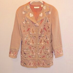Coldwater Creek Boho Embroidered Khaki Coat Jacket Women’s Size Petite 10